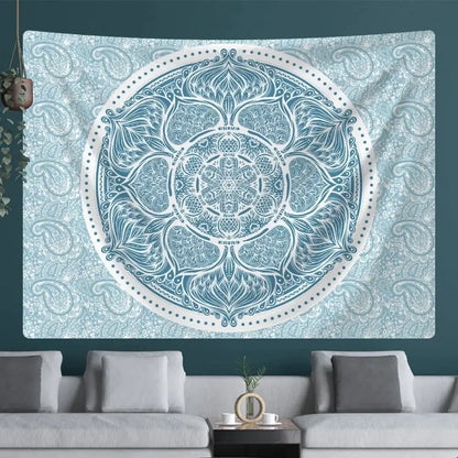 Teal & white indian mandala psychedelic tapestry bedroom wall decor