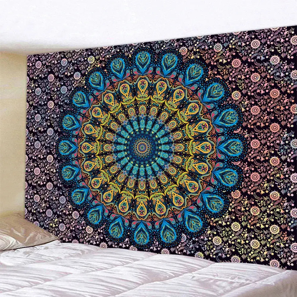 Teal & white indian mandala psychedelic tapestry bedroom wall decor