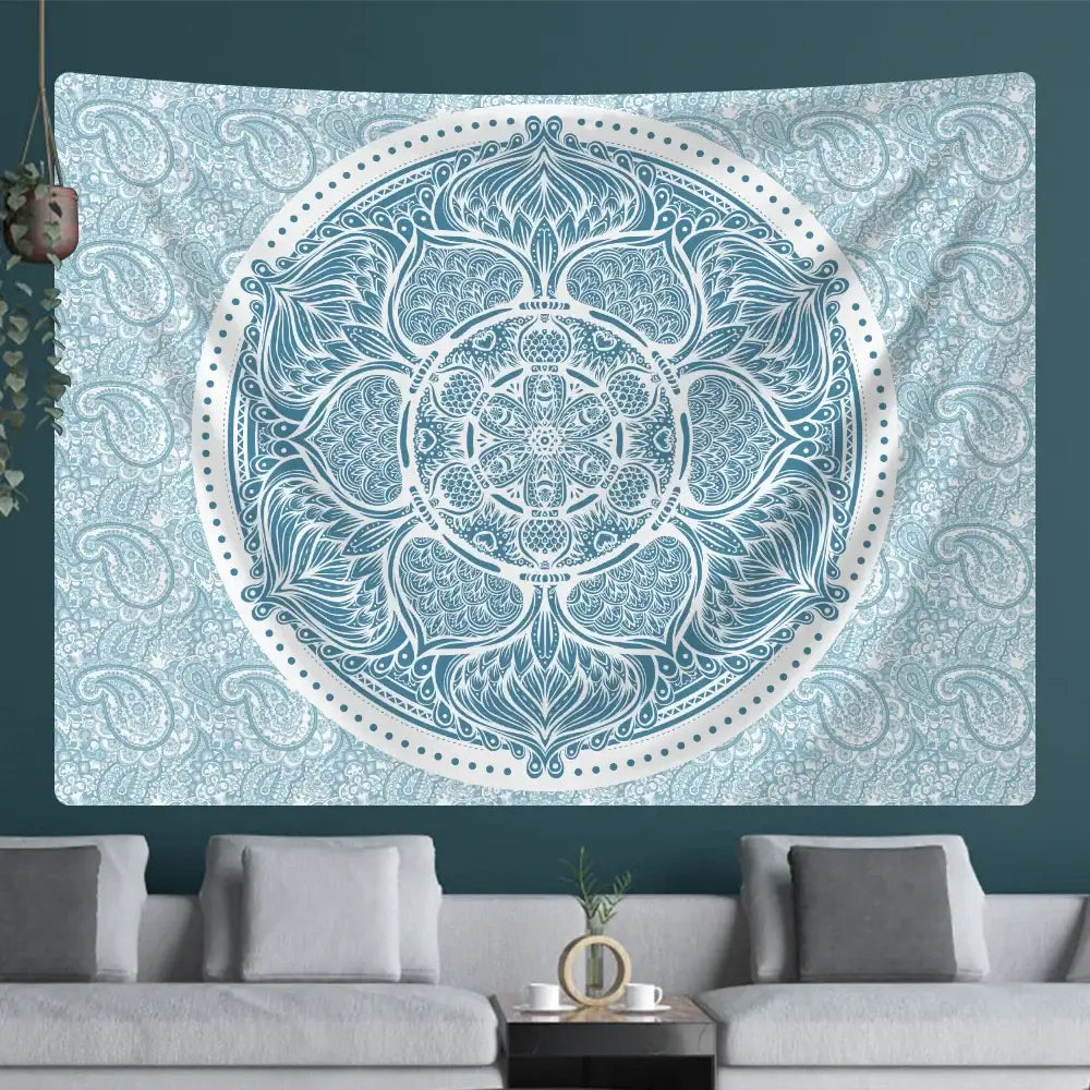 Teal & white indian mandala psychedelic tapestry bedroom wall decor
