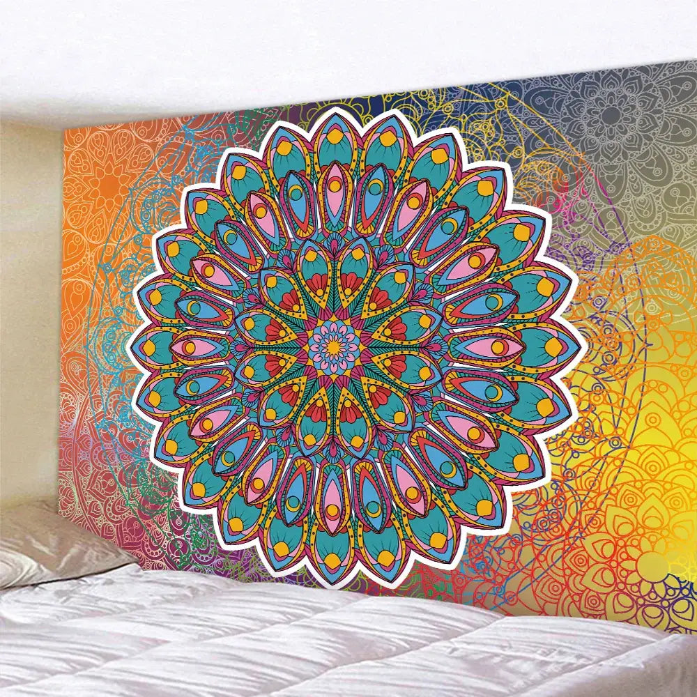Teal & white indian mandala psychedelic tapestry bedroom wall decor