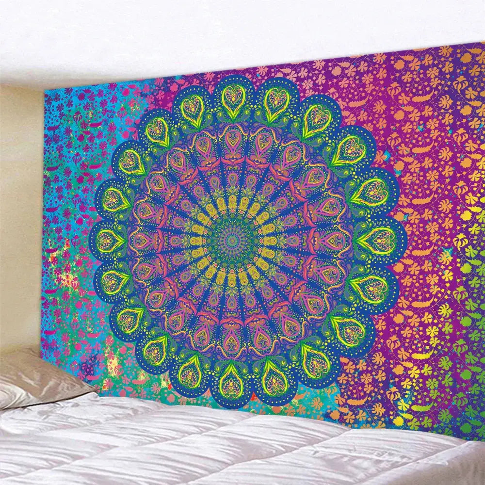 Teal & white indian mandala psychedelic tapestry bedroom wall decor
