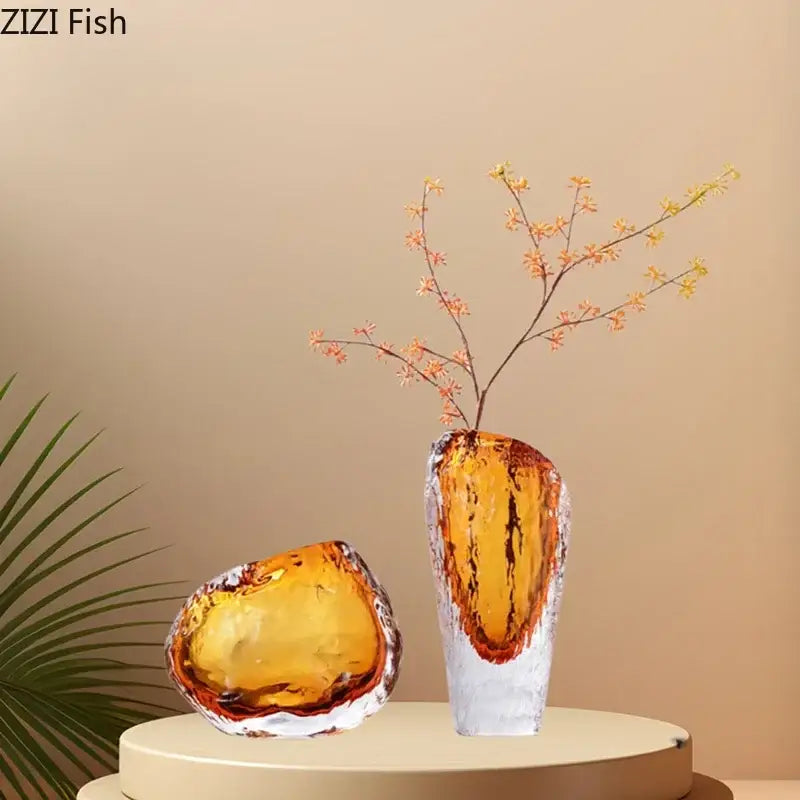 Textured amber & clear glass vase living room flower pot