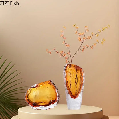 Textured amber & clear glass vase living room flower pot