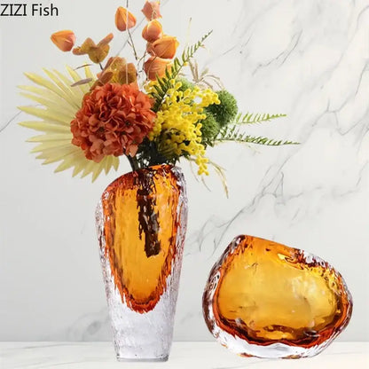 Textured amber & clear glass vase living room flower pot