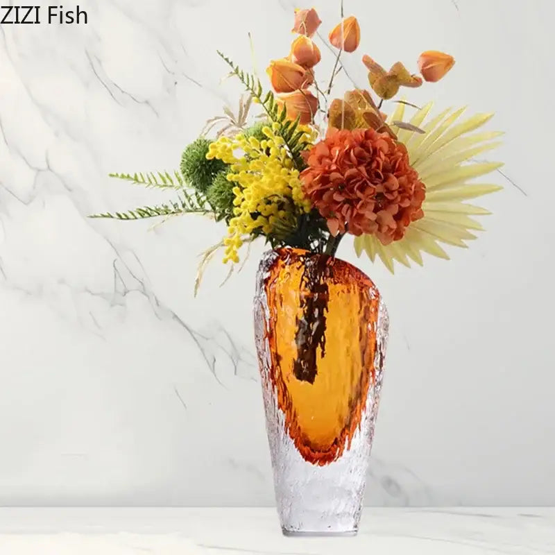 Textured amber & clear glass vase living room flower pot