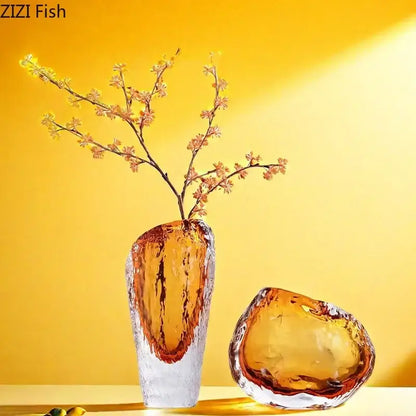 Textured amber & clear glass vase living room flower pot