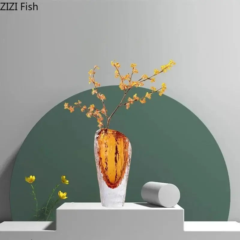 Textured amber & clear glass vase living room flower pot