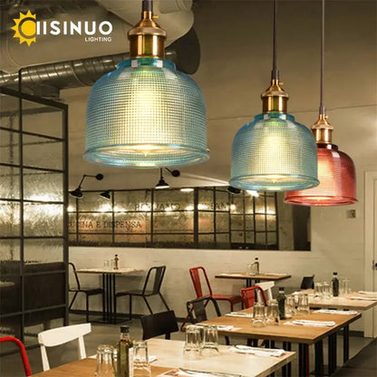 Textured amber gold & teal glass pendant lights dining room set