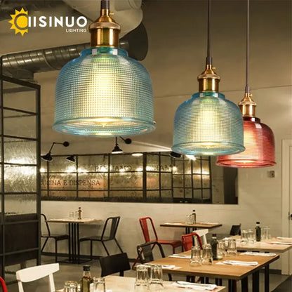 Textured amber gold & teal glass pendant lights dining room set