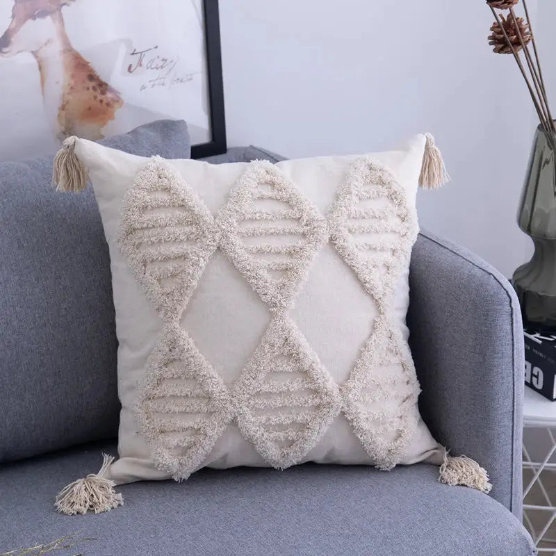 Textured beige tassels cushion cover living room geometric throw pillow