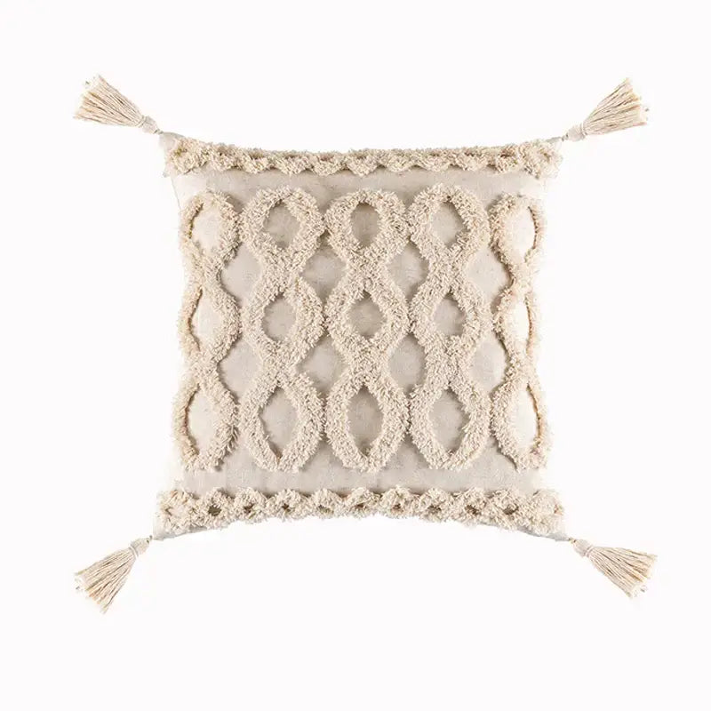 Textured beige tassels cushion cover living room geometric throw pillow
