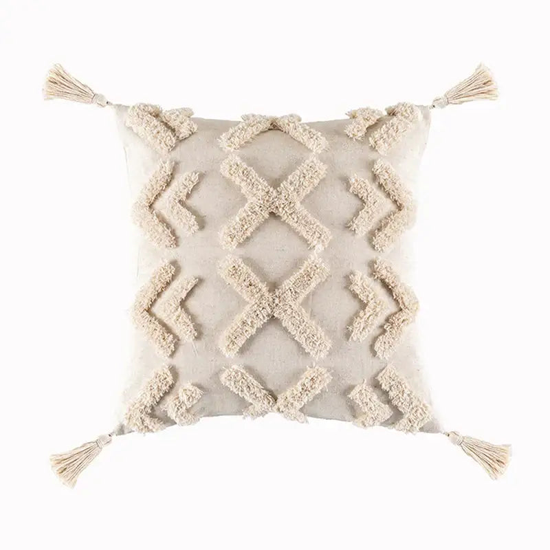 Textured beige tassels cushion cover living room geometric throw pillow