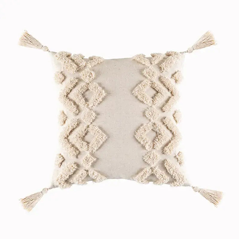 Textured beige tassels cushion cover living room geometric throw pillow