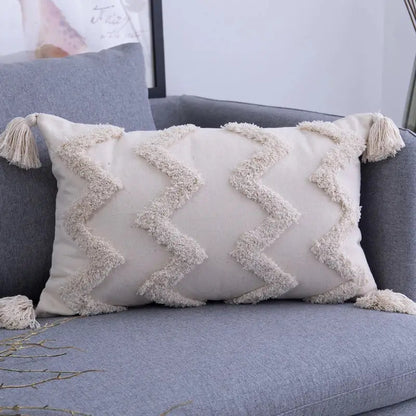 Textured beige tassels cushion cover living room geometric throw pillow