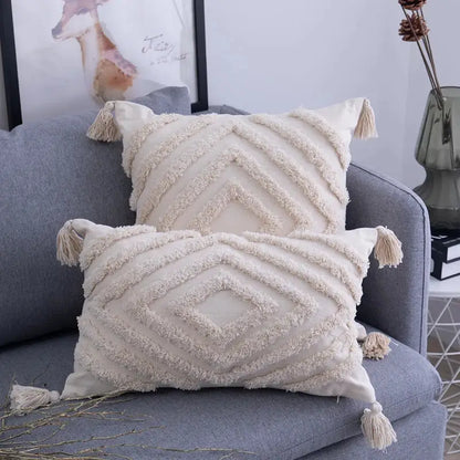 Textured beige tassels cushion cover living room geometric throw pillow