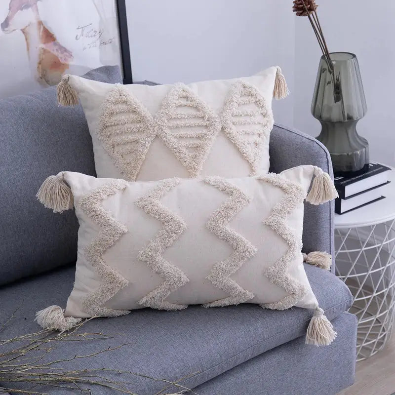 Textured beige tassels cushion cover living room geometric throw pillow