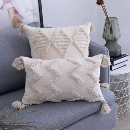 Textured beige tassels cushion cover living room geometric throw pillow