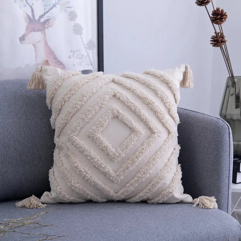 Textured beige tassels cushion cover living room geometric throw pillow