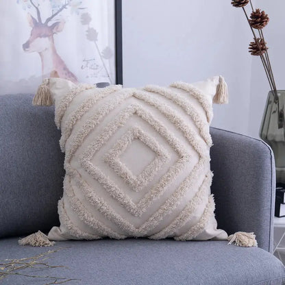 Textured beige tassels cushion cover living room geometric throw pillow