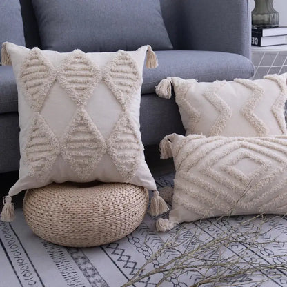 Textured beige tassels cushion cover living room geometric throw pillow