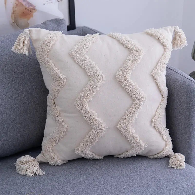 Textured beige tassels cushion cover living room geometric throw pillow
