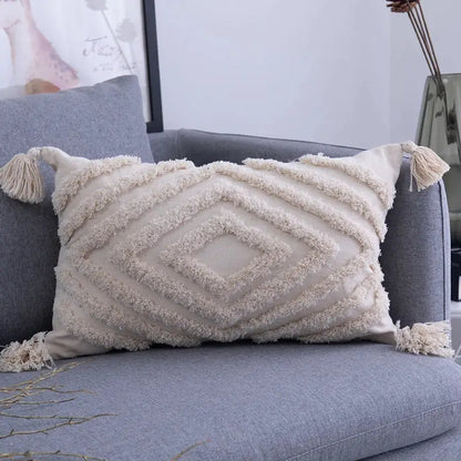 Textured beige tassels cushion cover living room geometric throw pillow