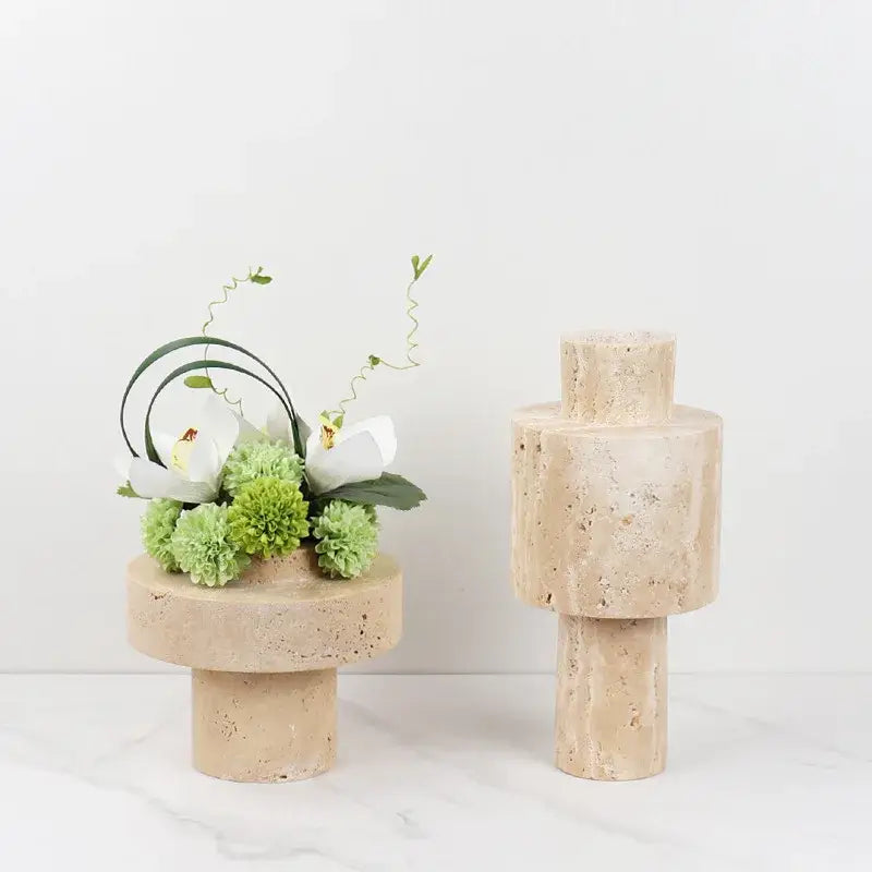 Textured beige travertine stone vase for dining room