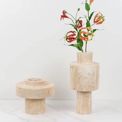 Textured beige travertine stone vase for dining room