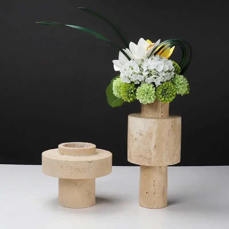 Textured beige travertine stone vase for dining room
