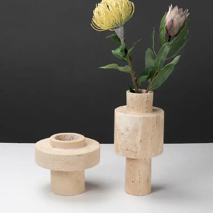 Textured beige travertine stone vase for dining room