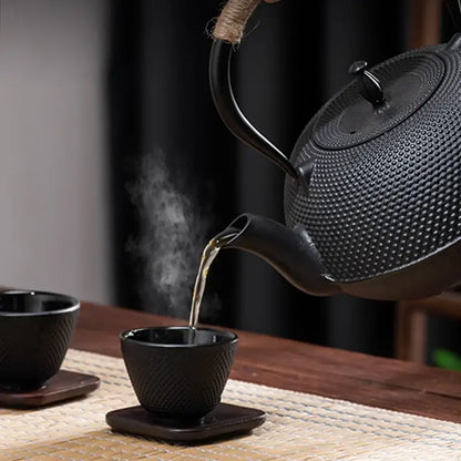 Textured black cast iron tea pot with infuser kitchen steeper