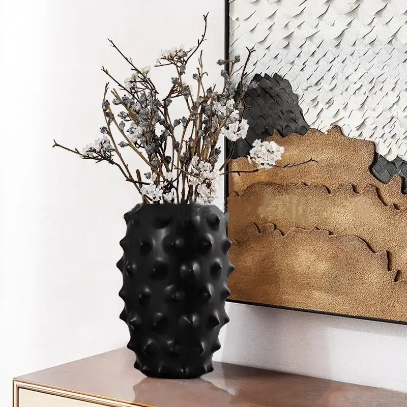 Textured black ceramic flower vase living room decor