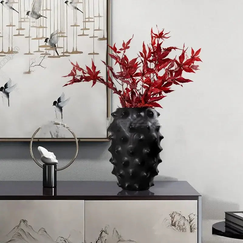 Textured black ceramic flower vase living room decor