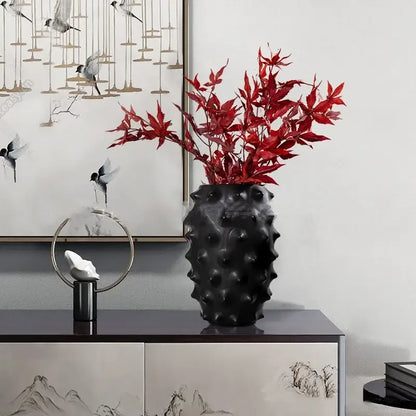 Textured black ceramic flower vase living room decor