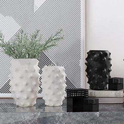 Textured black ceramic flower vase living room decor