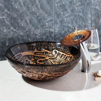 Textured black & gold glass wash basin set bathroom waterfall faucet