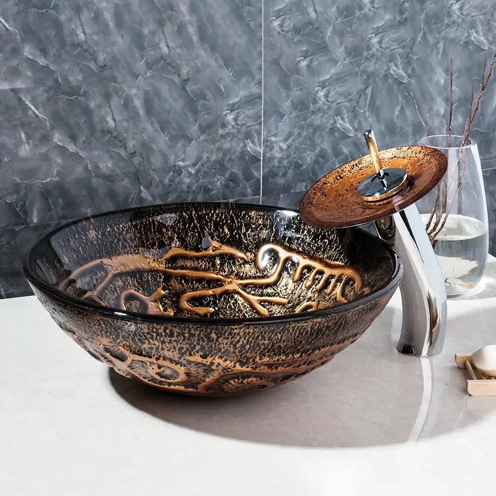 Textured black & gold glass wash basin set bathroom waterfall faucet