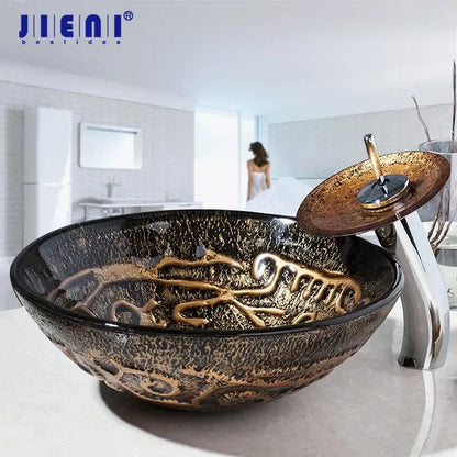 Textured black & gold glass wash basin set bathroom waterfall faucet