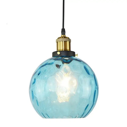 Textured blue glass ball pendant light for dining room