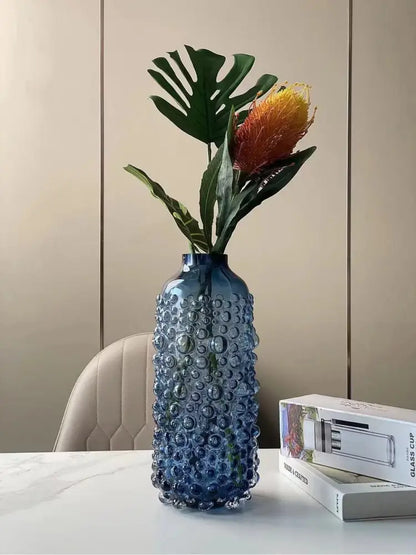 Textured blue glass flower vase living room hydroponic decor