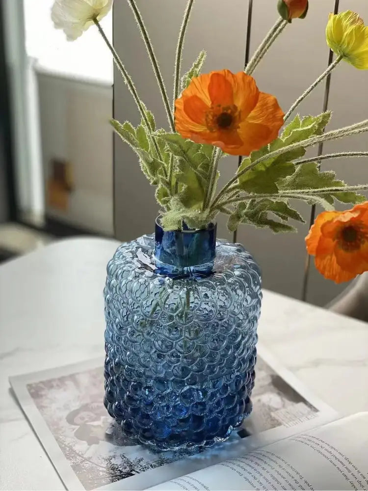Textured blue glass flower vase living room hydroponic decor