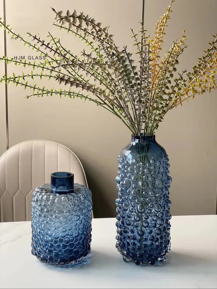 Textured blue glass flower vase living room hydroponic decor