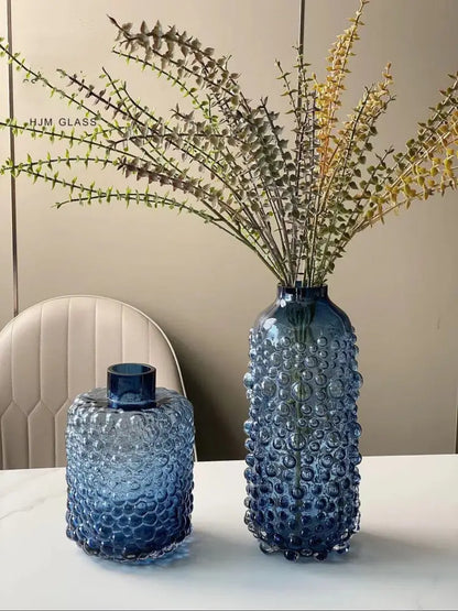 Textured blue glass flower vase living room hydroponic decor