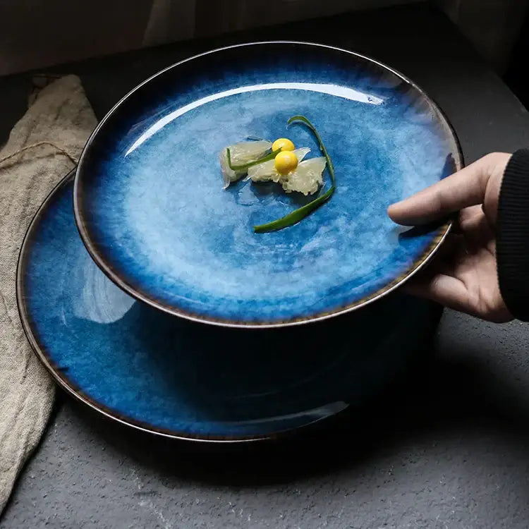 Textured blue gradient ceramic dinner plate set dining room kitchen