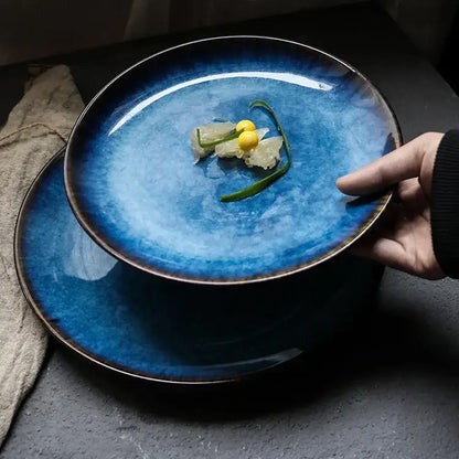 Textured blue gradient ceramic dinner plate set dining room kitchen