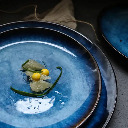 Textured blue gradient ceramic dinner plate set dining room kitchen