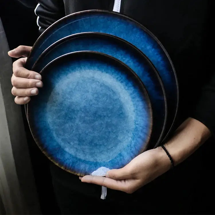 Textured blue gradient ceramic dinner plate set dining room kitchen