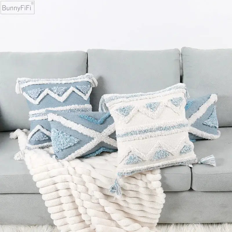 Textured blue & white geometric cushion cover with tassels living room
