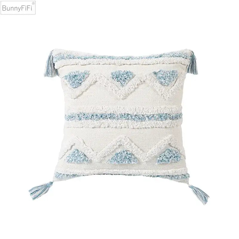 Textured blue & white geometric cushion cover with tassels living room