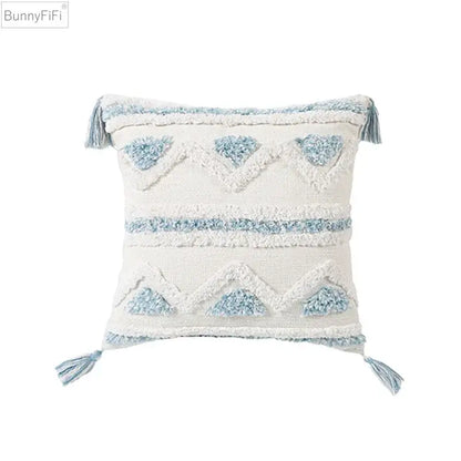 Textured blue & white geometric cushion cover with tassels living room